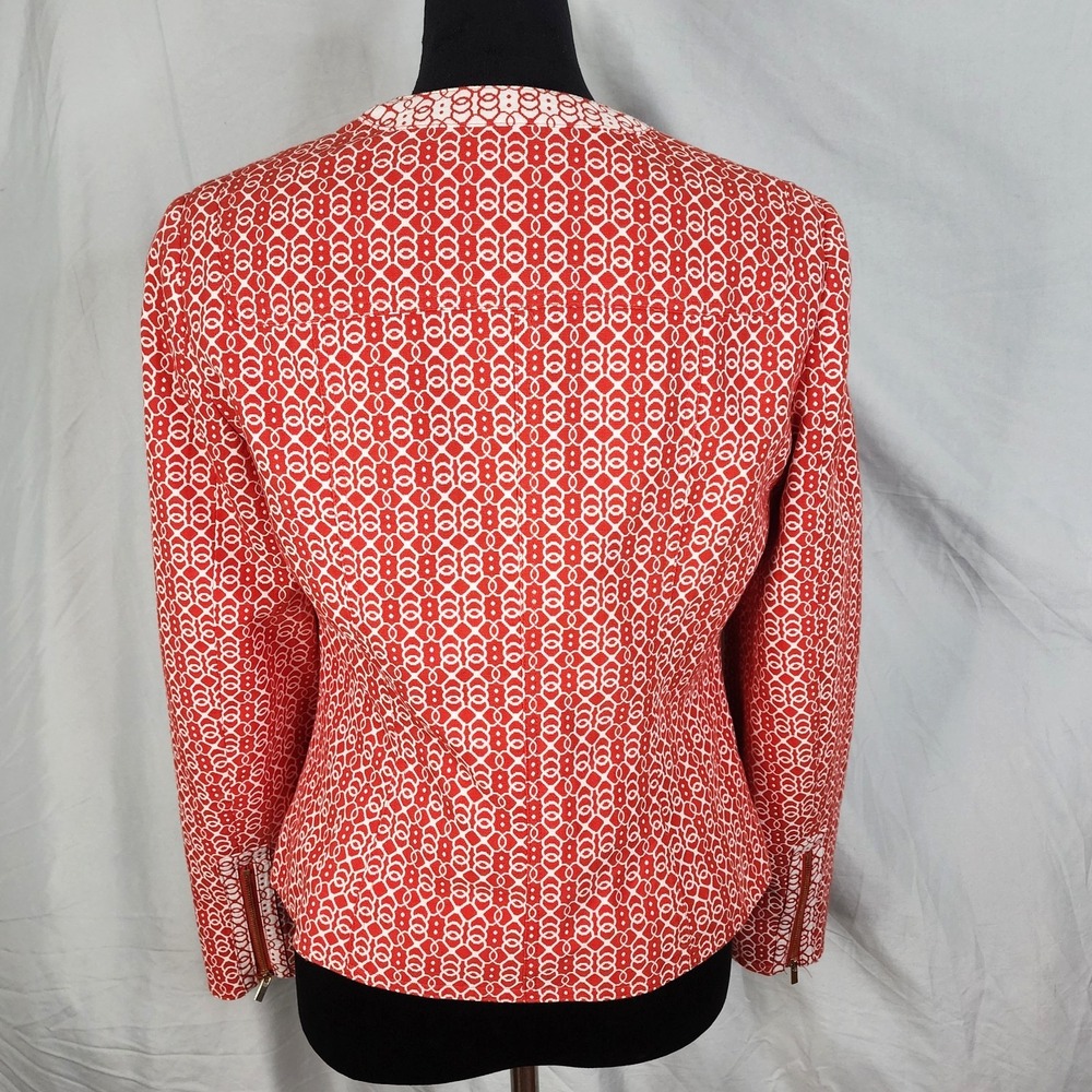 JONES NEW YORK Size Large Red‎ White Jacquard 100% Cotton Full Zip Blazer Jacket - Picture 4 of 13